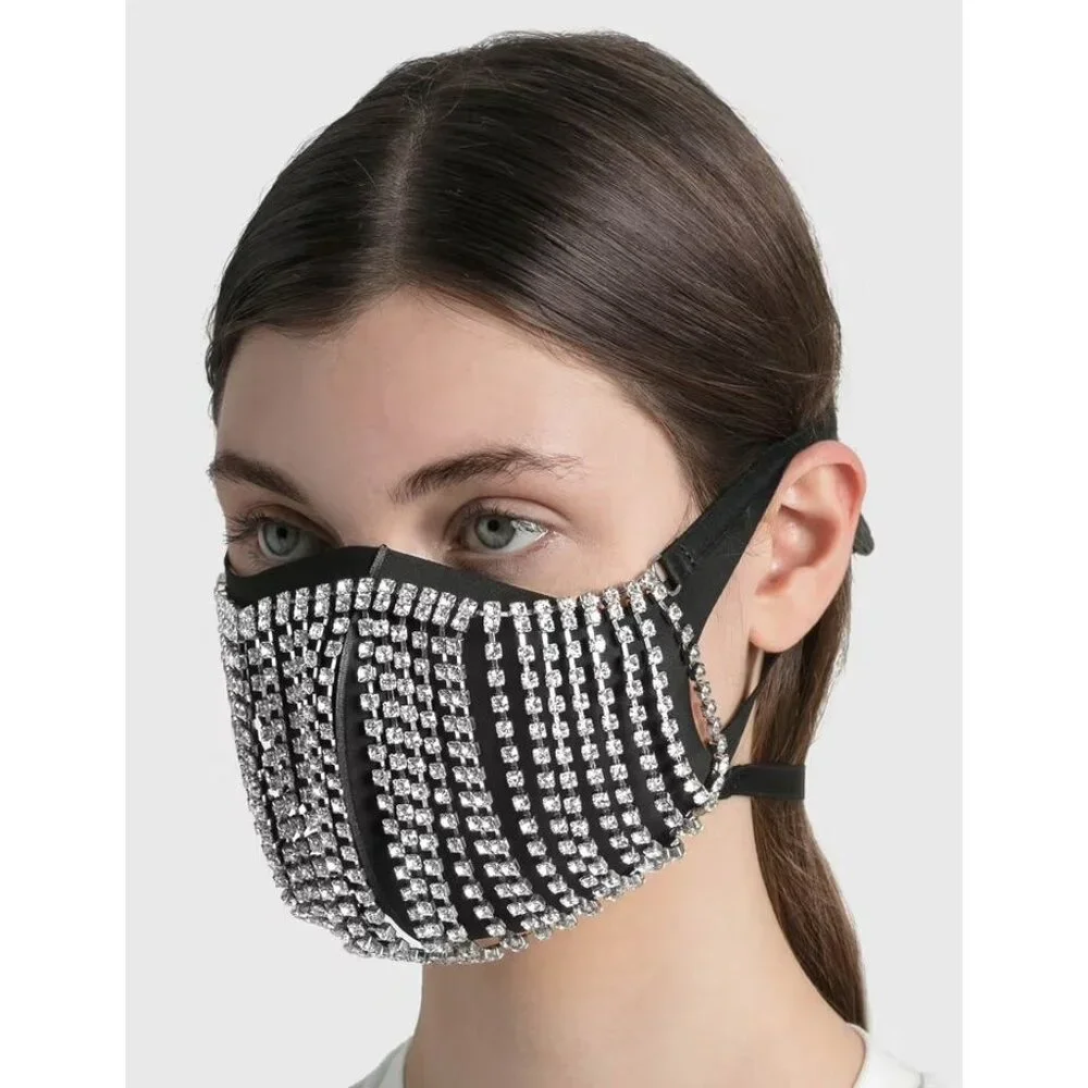 AREA Crystal Fringe Mask Accessory in Silver New Womens Costume